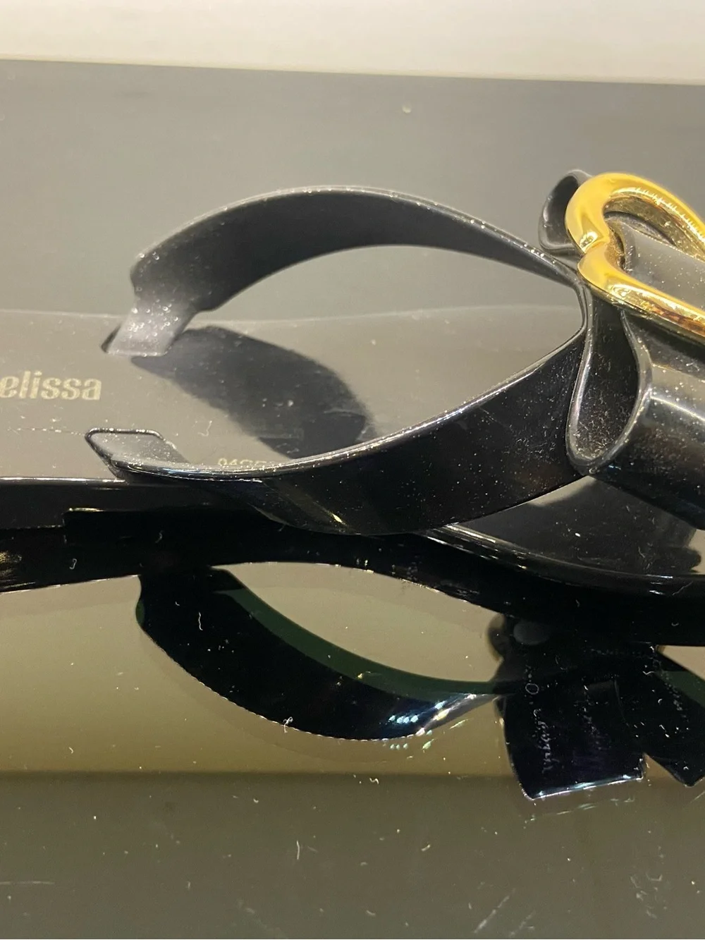 Mini Melissa Black Jelly Flip Flop with Gold Heart Bow size 12C